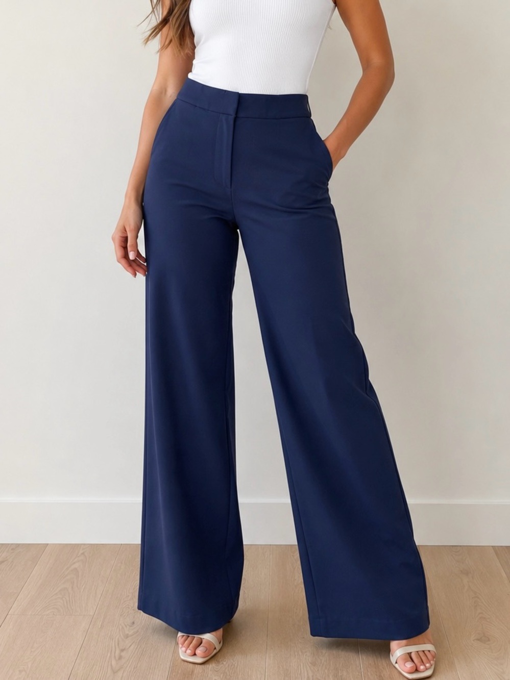 Quince Navy High-Waist Wide-Leg Pants